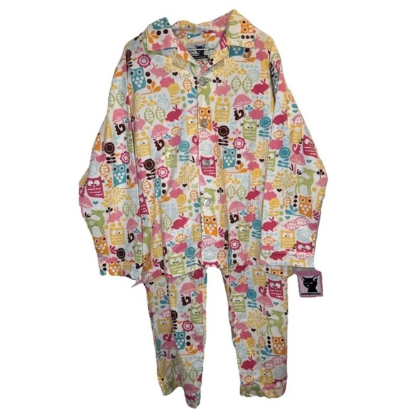 THE CAT'S PAJAMAS Womens Retro Owl Mushroom Rabbit FLANNEL PAJAMA SET Sz M NEW - Picture 1 of 16